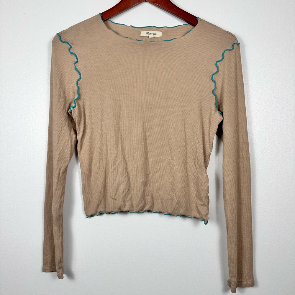 Madewell Beige Long Sleeve Top with Teal Accents